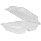 White fiber clamshell containers with 3 compartments on a white background