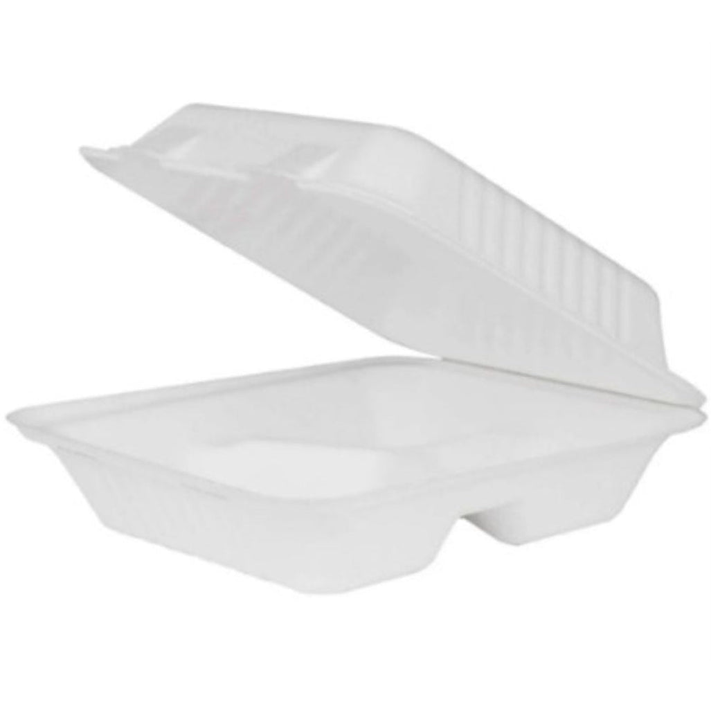 White fiber clamshell containers with 3 compartments on a white background