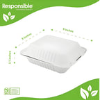 White clamshell with hinged lid dimensions labeled on a green and white background, featuring the 'Responsible' brand.