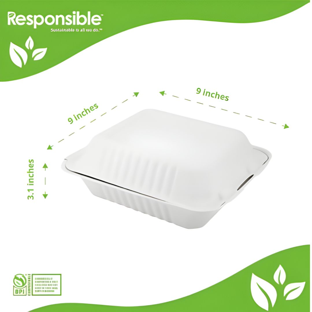 White clamshell with hinged lid dimensions labeled on a green and white background, featuring the 'Responsible' brand.