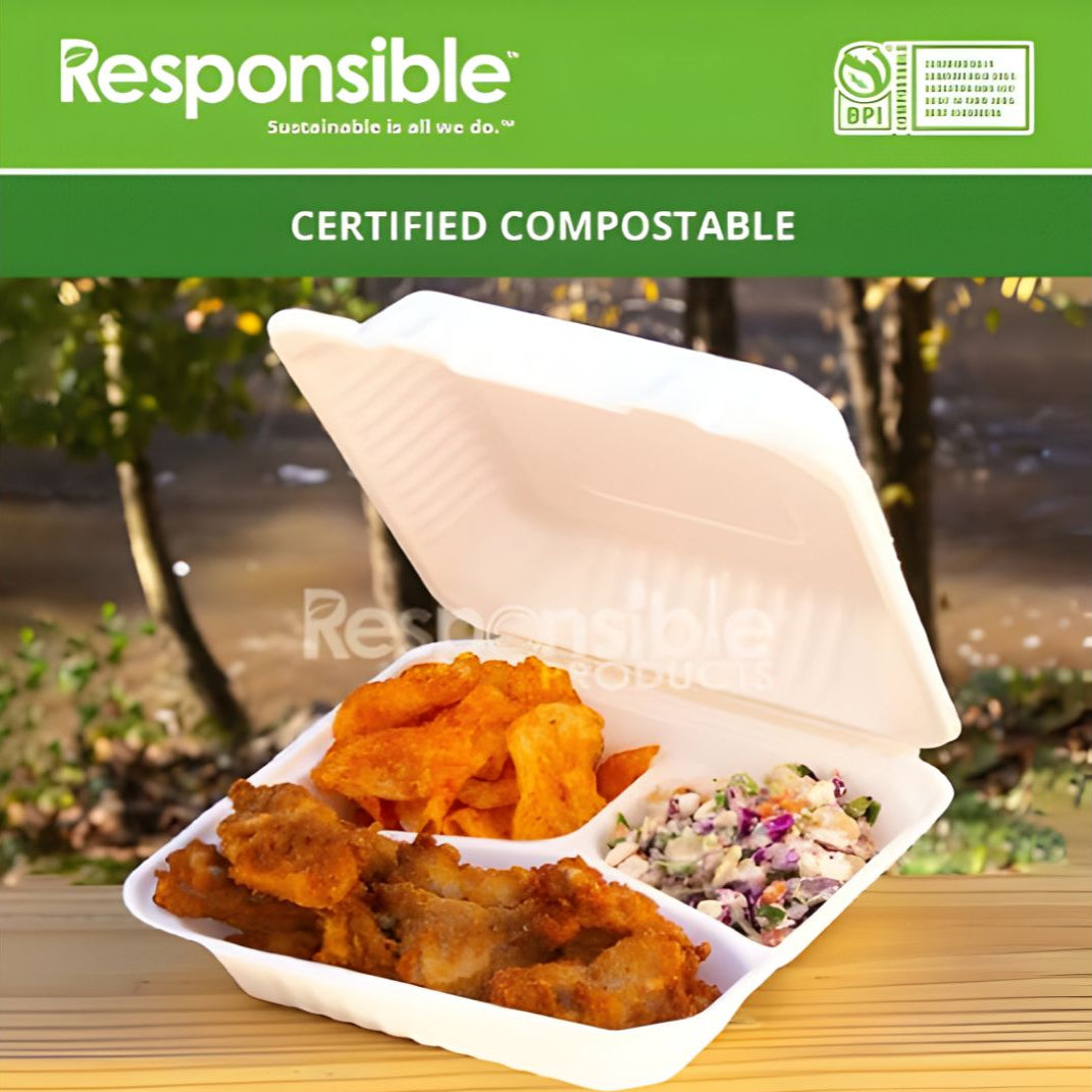 Compostable 3-compartment clamshell with food items on a natural background