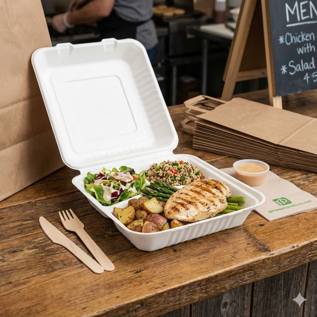 Three compartment take-out clamshell with salad and chicken on a wooden table with a menu board in the background.