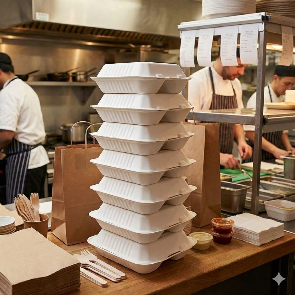 Stack of white food clamshells on a counter with chefs in the background