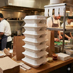 Stack of white food clamshells on a counter with chefs in the background