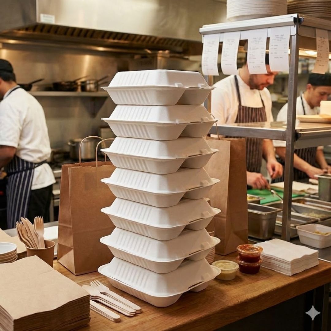 Stack of white food clamshells on a counter with chefs in the background