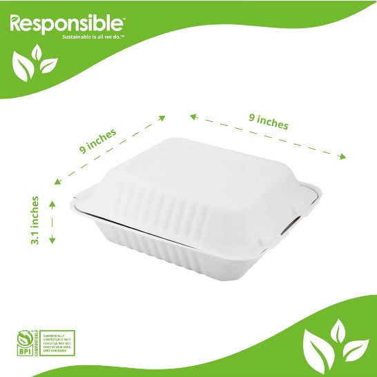 White compostable clamshell with dimensions on a green and white background, featuring the 'Responsible' brand.