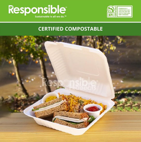 Compostable clamshell with a meal on a wooden surface, with a scenic background