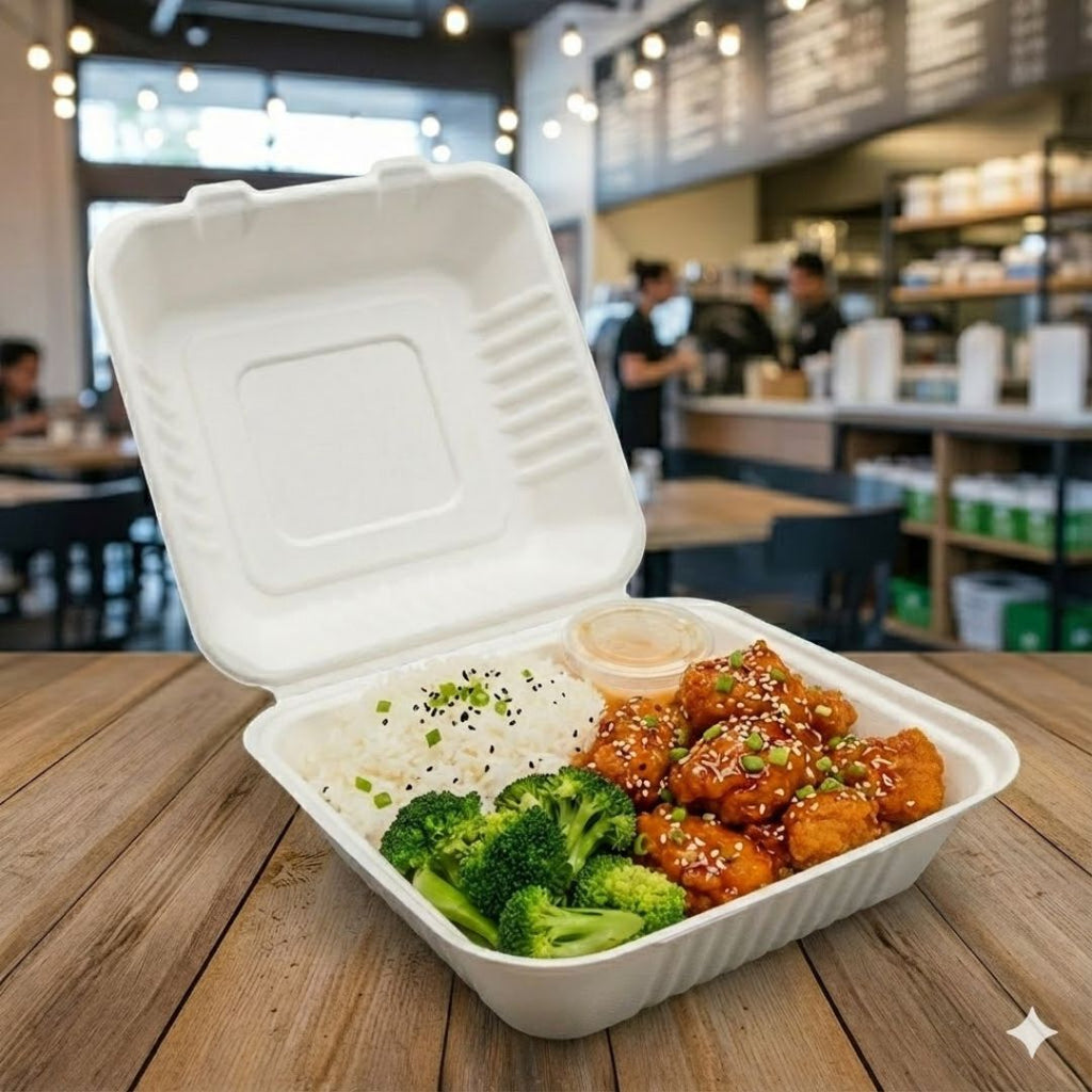Hinged Take-out container with Chinese food, including broccoli, rice, and chicken, in a restaurant setting