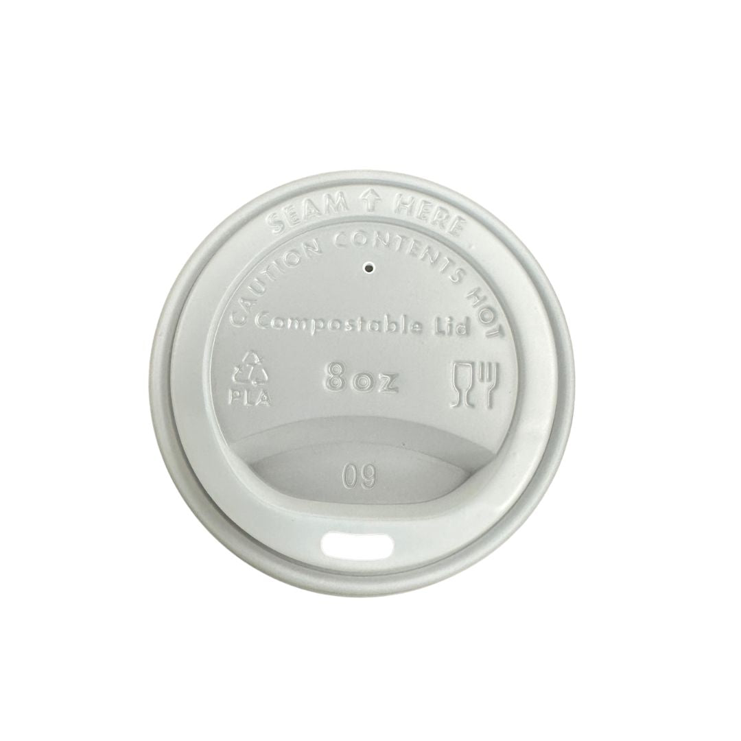 White compostable lid with text on a white background