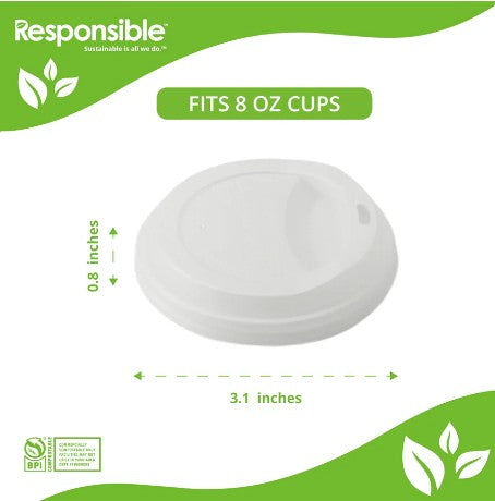 White disposable cup lid with dimensions on a green and white background, featuring the 'Responsible' brand.