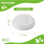 White disposable cup lid with dimensions on a green and white background, featuring the 'Responsible' brand.