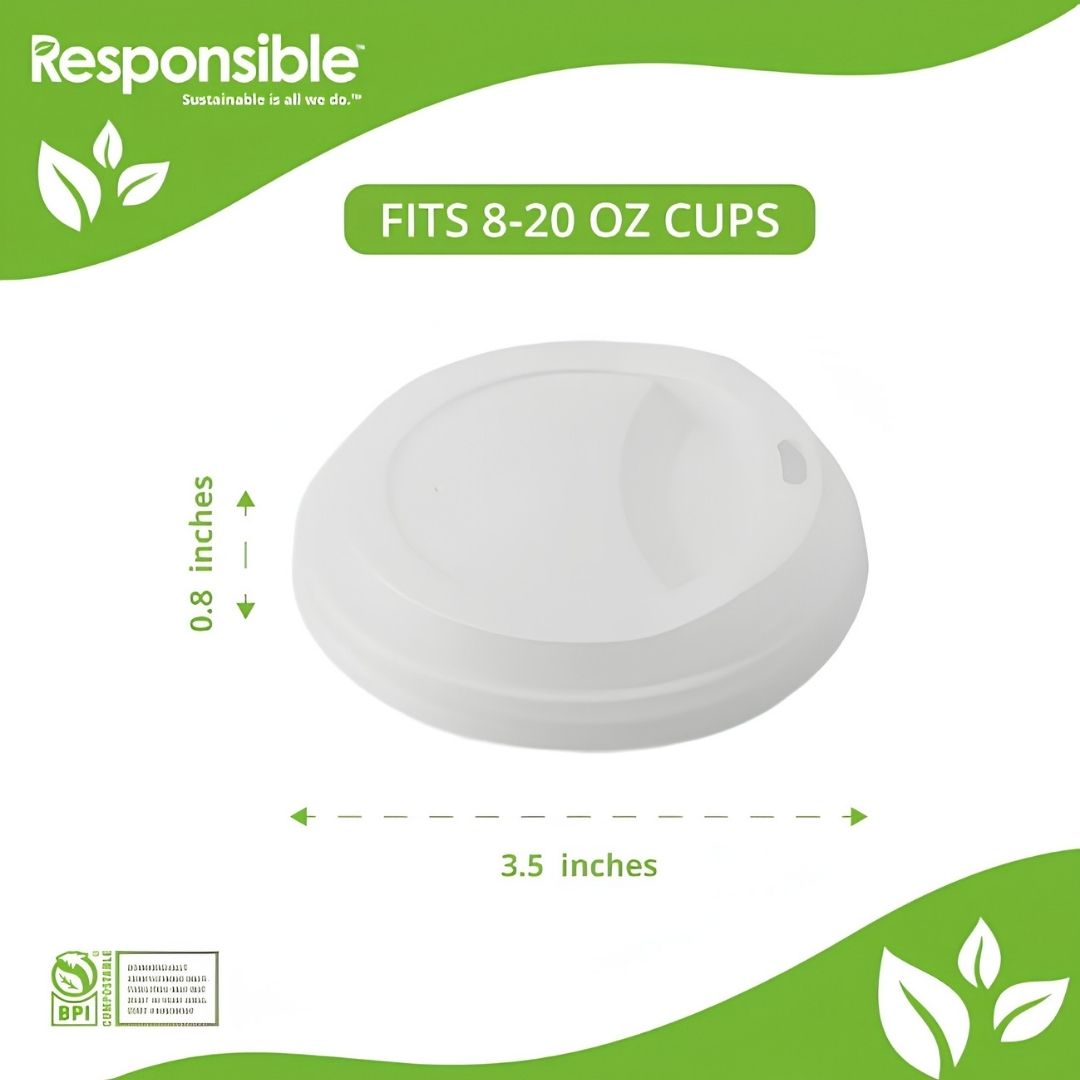 White disposable cup lid with dimensions and 'Responsible' branding on a green and white background