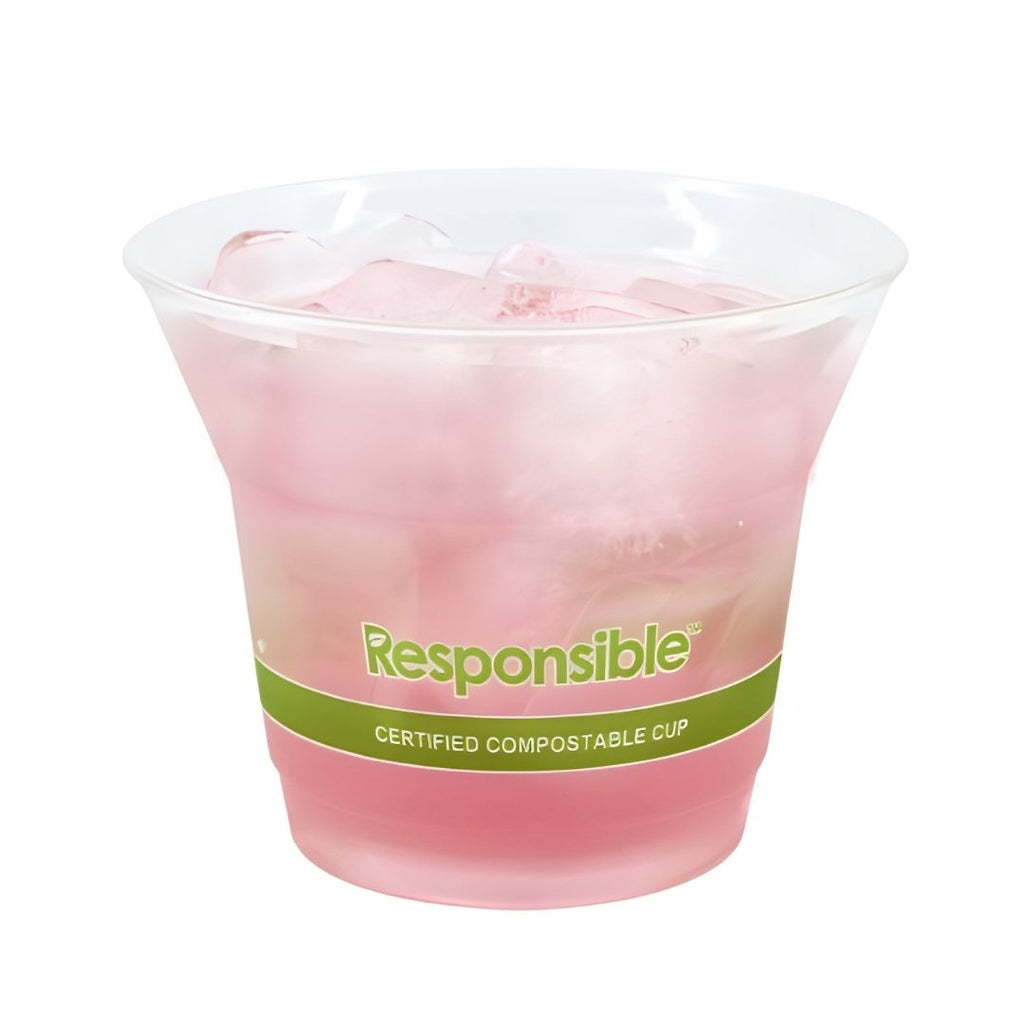 Clear compostable plastic cup with pink beverage and 'Responsible' branded label on a white background