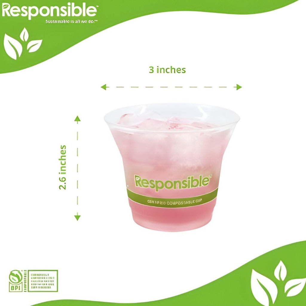 Plastic cup with pink beverage and 'Responsible' branding on a green and white background