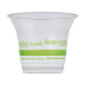 Clear compostable plastic cup with green text on a white background