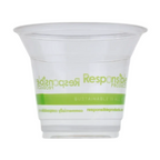 Clear compostable plastic cup with green text on a white background