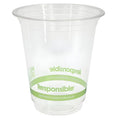 Clear compostable cup with green text on a white background