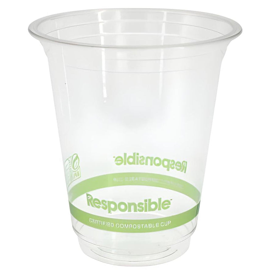 Clear compostable cup with green text on a white background