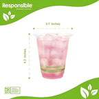 Clear compostable plastic cup with pink beverage and ice, labeled 'Responsible', on a green and white background.