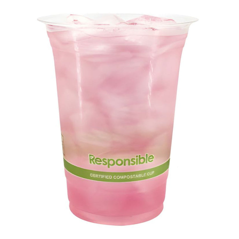 Pink drink in a clear compostable plastic cup with a green label on a white background