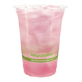 Pink drink in a clear compostable plastic cup with a green label on a white background