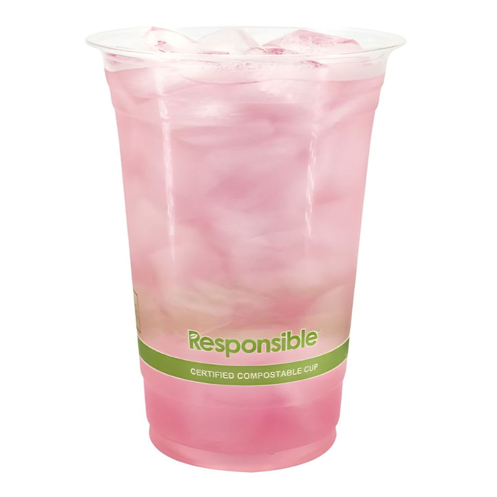 Pink drink in a compostable cup with 'Responsible' branding on a white background
