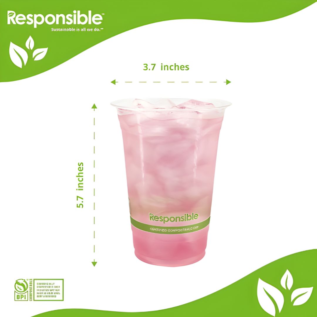 Pink drink in a clear cup with 'Responsible' branding and measurements on a white background