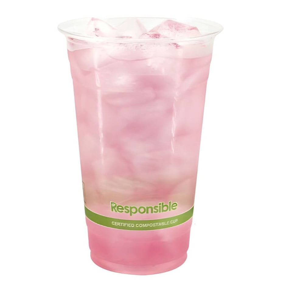 Clear corn plastic cup with pink beverage and ice, labeled 'Responsible' on a white background
