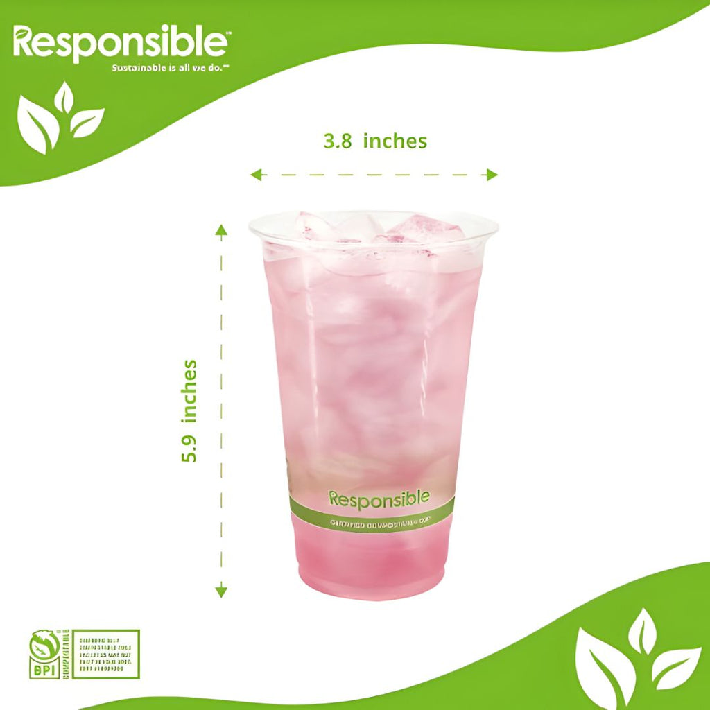 Pink iced drink in a 'Responsible' cup with height measurements and branding on a white background.