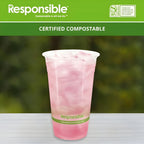 Pink iced drink in a compostable cup with 'Responsible' branding on a green background