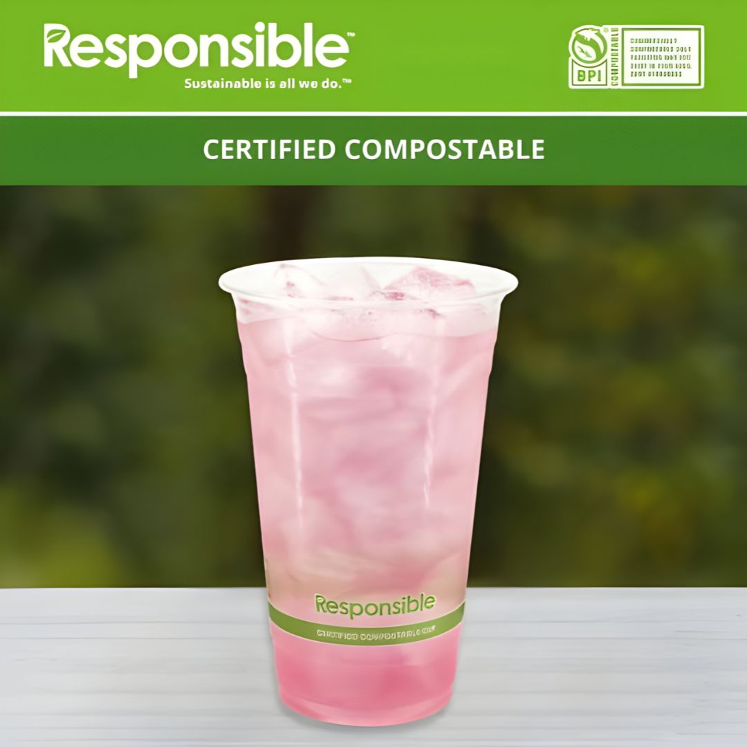 Pink iced drink in a compostable cup with 'Responsible' branding on a green background