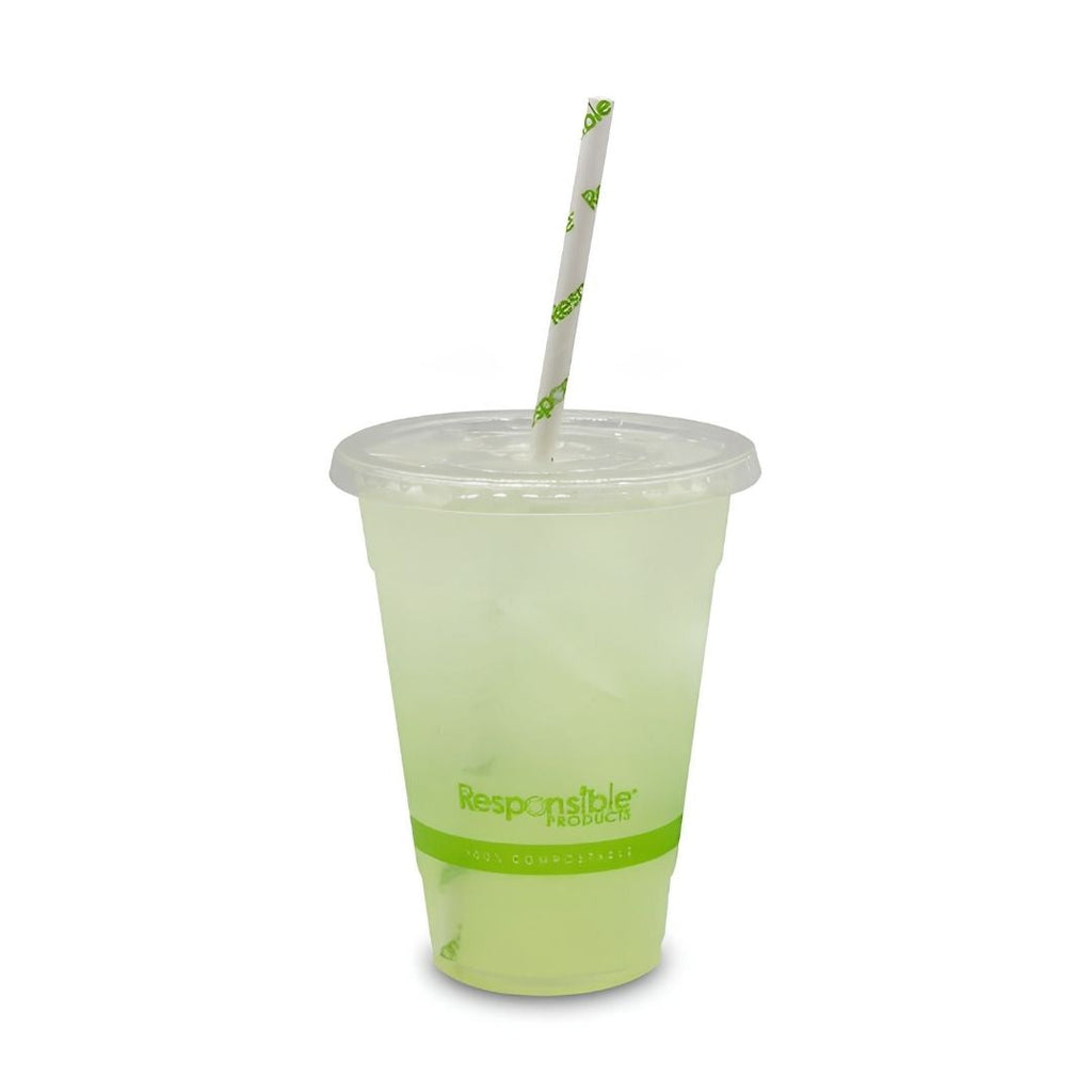 Compostable cup with a lid and straw on a white background