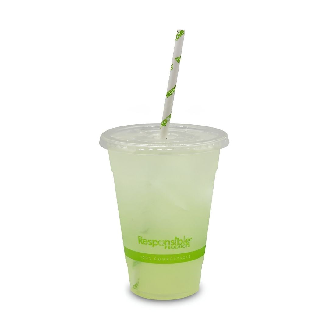 Compostable cup with a lid and straw on a white background
