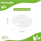 Compostable plastic lid for 9-24 oz cups with dimensions and 'Responsible' branding on a white background