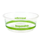 Clear compostable deli bowl with green band and text on a white background