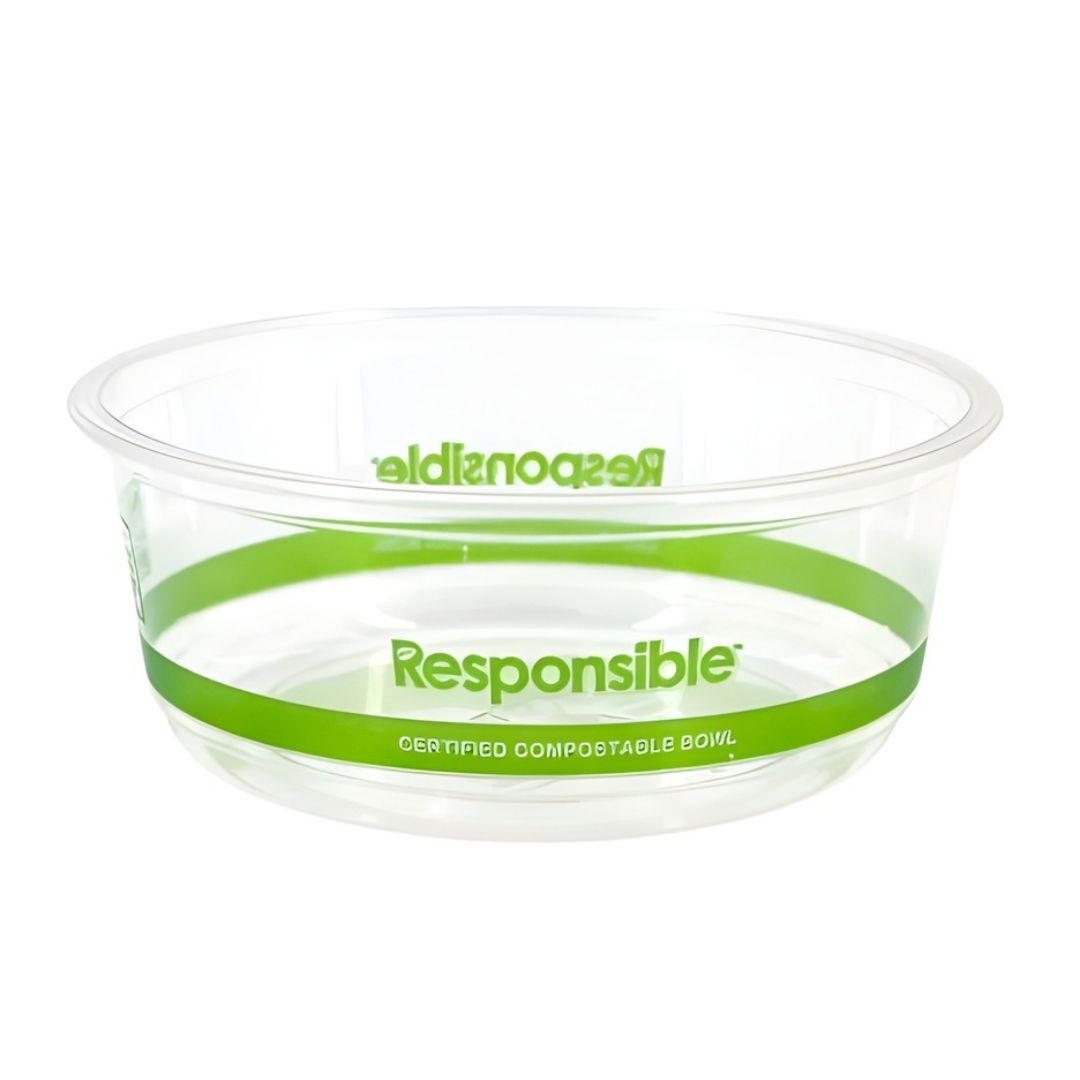 Clear compostable deli bowl with green band and text on a white background