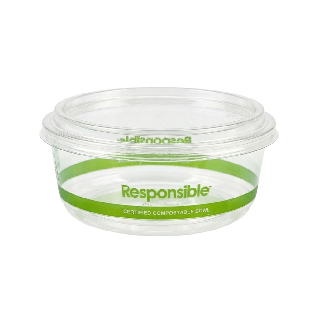 Clear compostable bowl with lid featuring green band and text on a white background