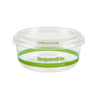 Clear compostable bowl with lid featuring green band and text on a white background