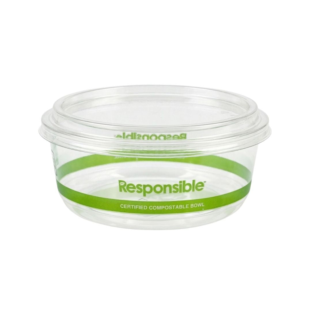 Clear compostable bowl with lid featuring green band and text on a white background