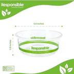 Clear compostable bowl with green band and 'Responsible' branding on a white background