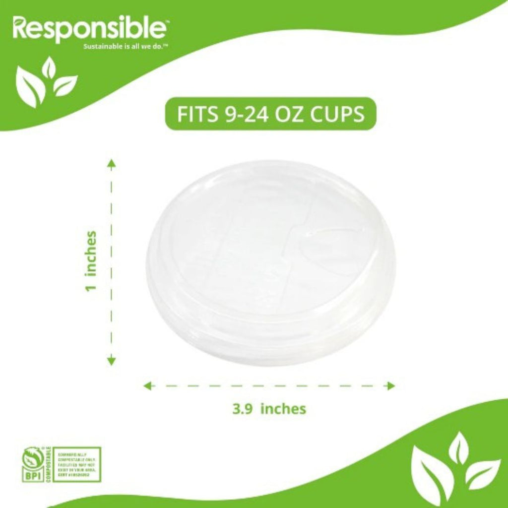 White lid with dimensions and text about fitting 9-24 oz cups, on a green and white background.