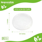 White lid with dimensions and text about fitting 9-24 oz cups, on a green and white background.