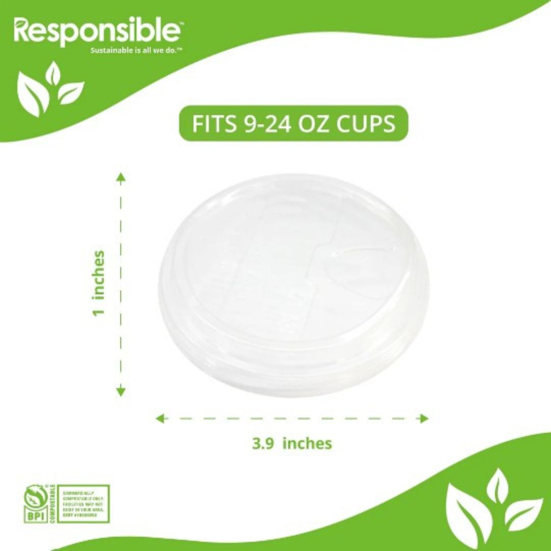 White lid with dimensions and text about fitting 9-24 oz cups, on a green and white background.