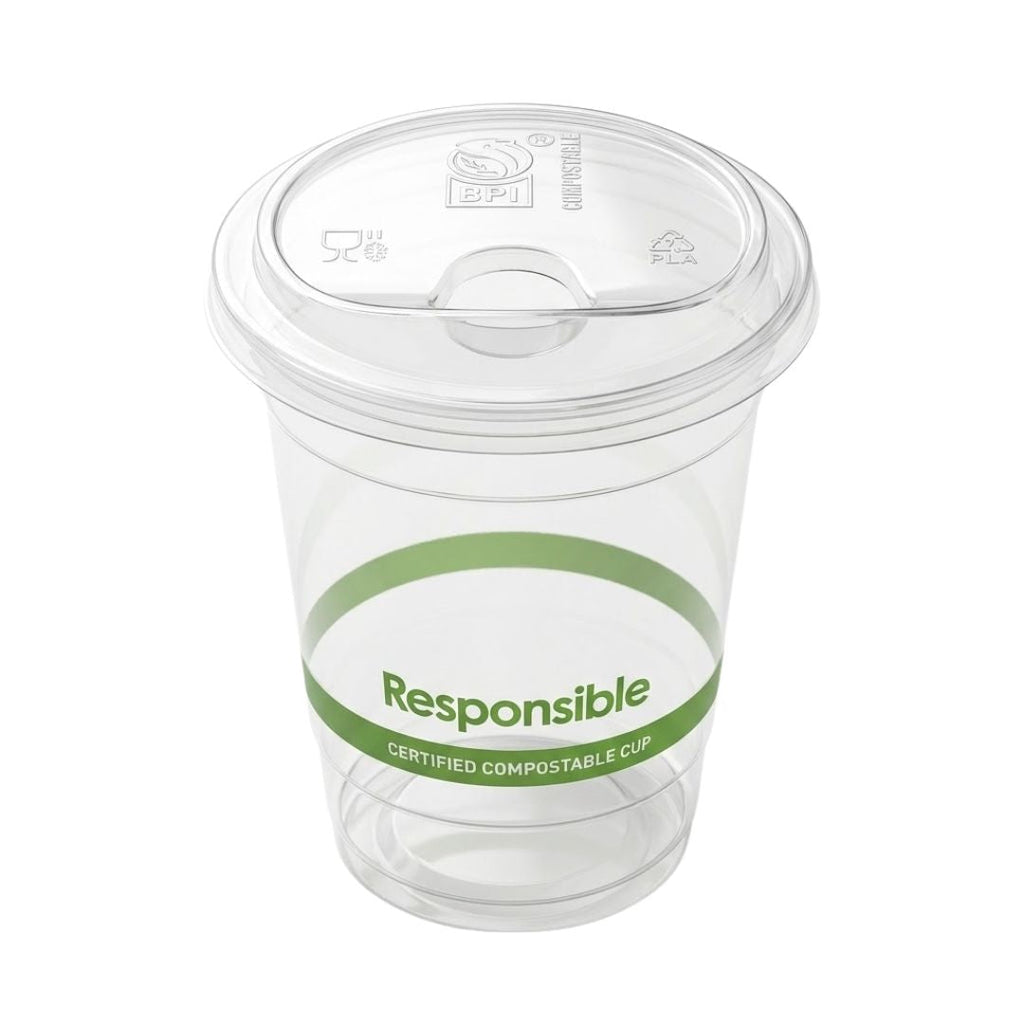 Compostable cold cup with lid on a plain white background.