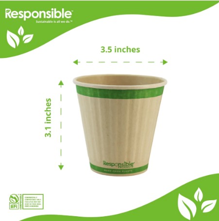 Dimensions of a compostable kraft brown paper cup.
