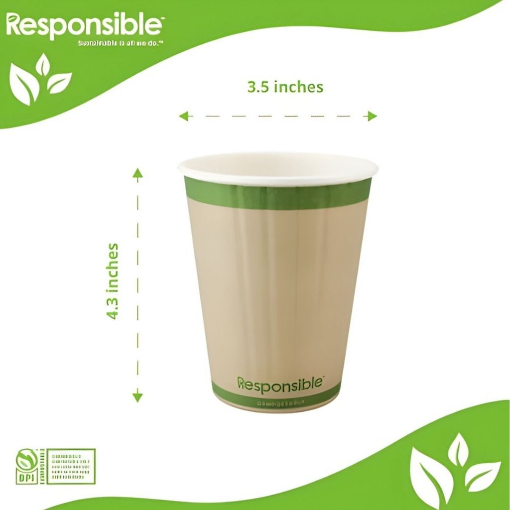 Paper cup with green band and 'Responsible' branding on a white background
