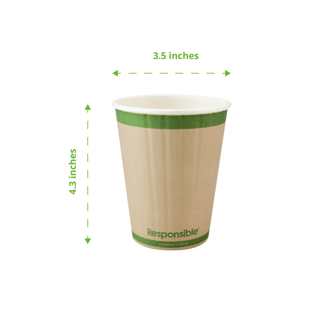 Paper cup with green rim and 'Responsible' text, shown with measurements on a white background