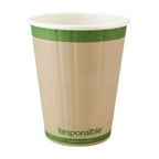 Compostable paper cup with green rim and 'Responsible' branding on a white background