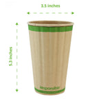 Compostable kraft hot cup with dimensions on a white background.