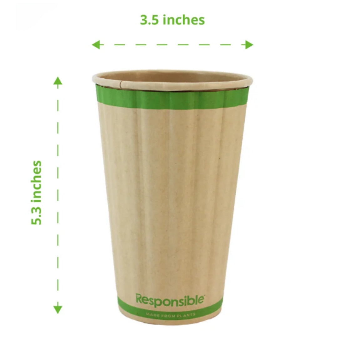 Compostable kraft hot cup with dimensions on a white background.